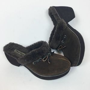 Skechers Faux Suede Heeled Mules Fuzzy Slip On